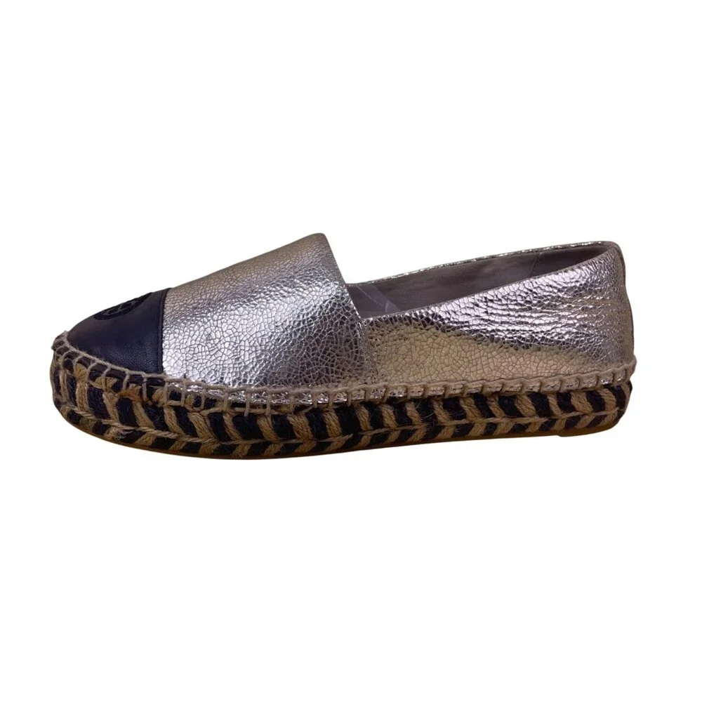 Tory Burch Silver Metallic and Navy Espadrille Flats